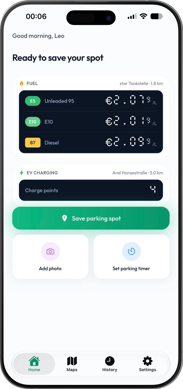 Parking Reminder app home screen